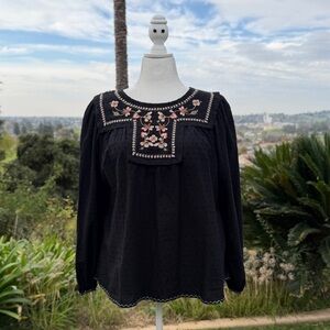 Max Studio Black Peasant Blouse with Pink Floral Embroidery